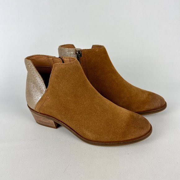 Frye Caden Womens Suede Notched Ankle Bootie Cognac Tan Metallic Heel size 6 - Picture 1 of 16